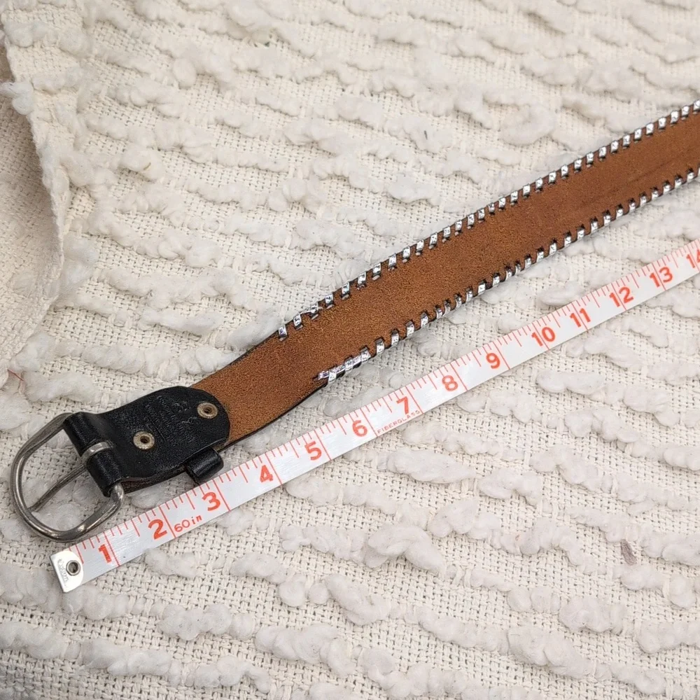 Vintage Western Black Leather Buckstitch Silver Longhorn Embossed Tooled Belt